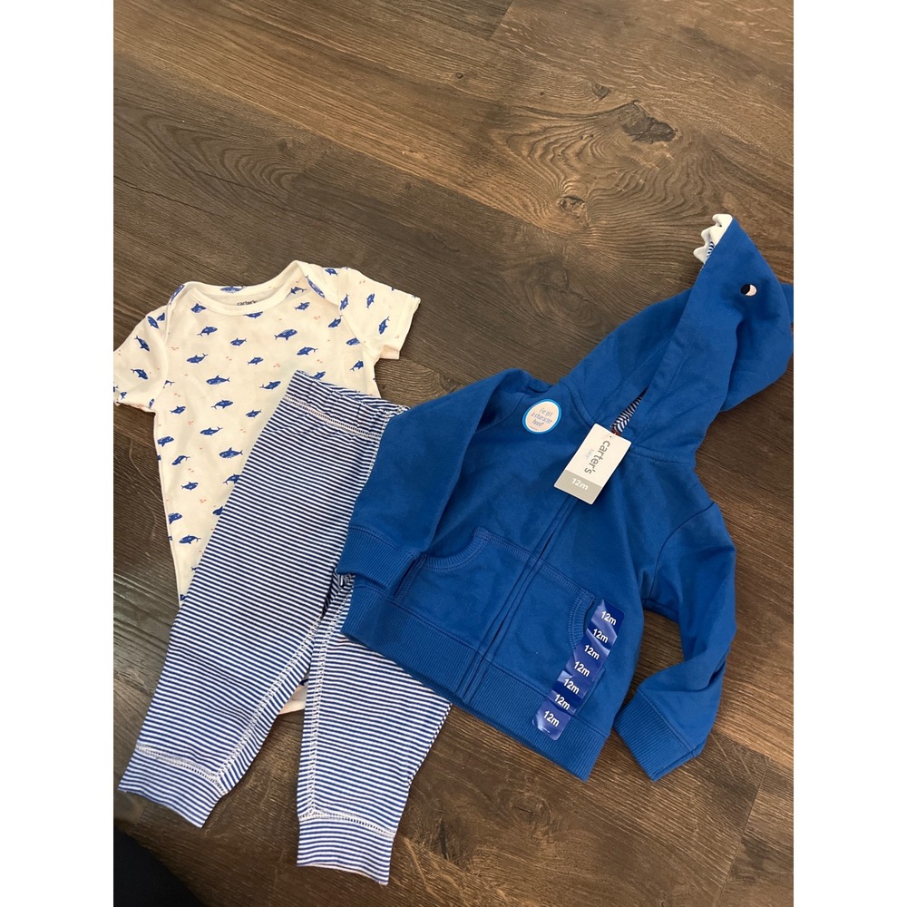 Carters‎ Baby Boy 3pc Shark Outfit Set Hoodie Bodysuit Pants Blue 12M NWT